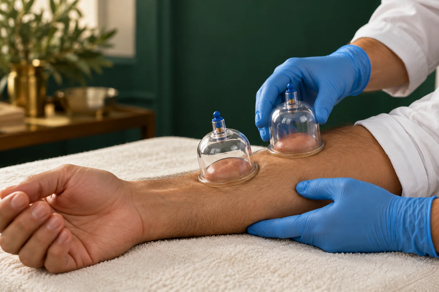 لقطة توضيحية لكؤوس حجامة على ساعد رجل مع قفازات الممارس