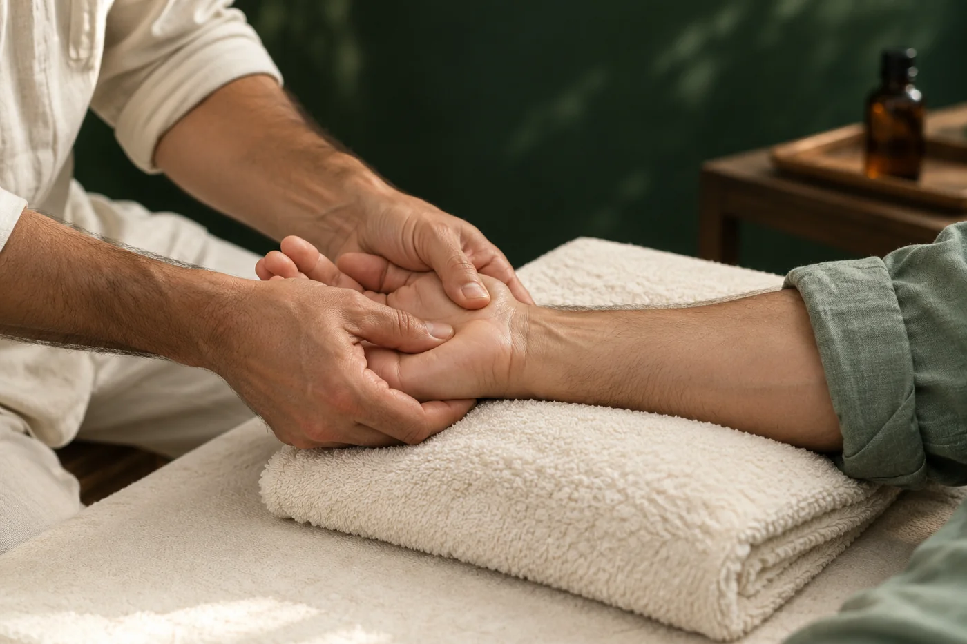 لقطة توضيحية لتدليك اليد والساعد فوق منشفة قطنية