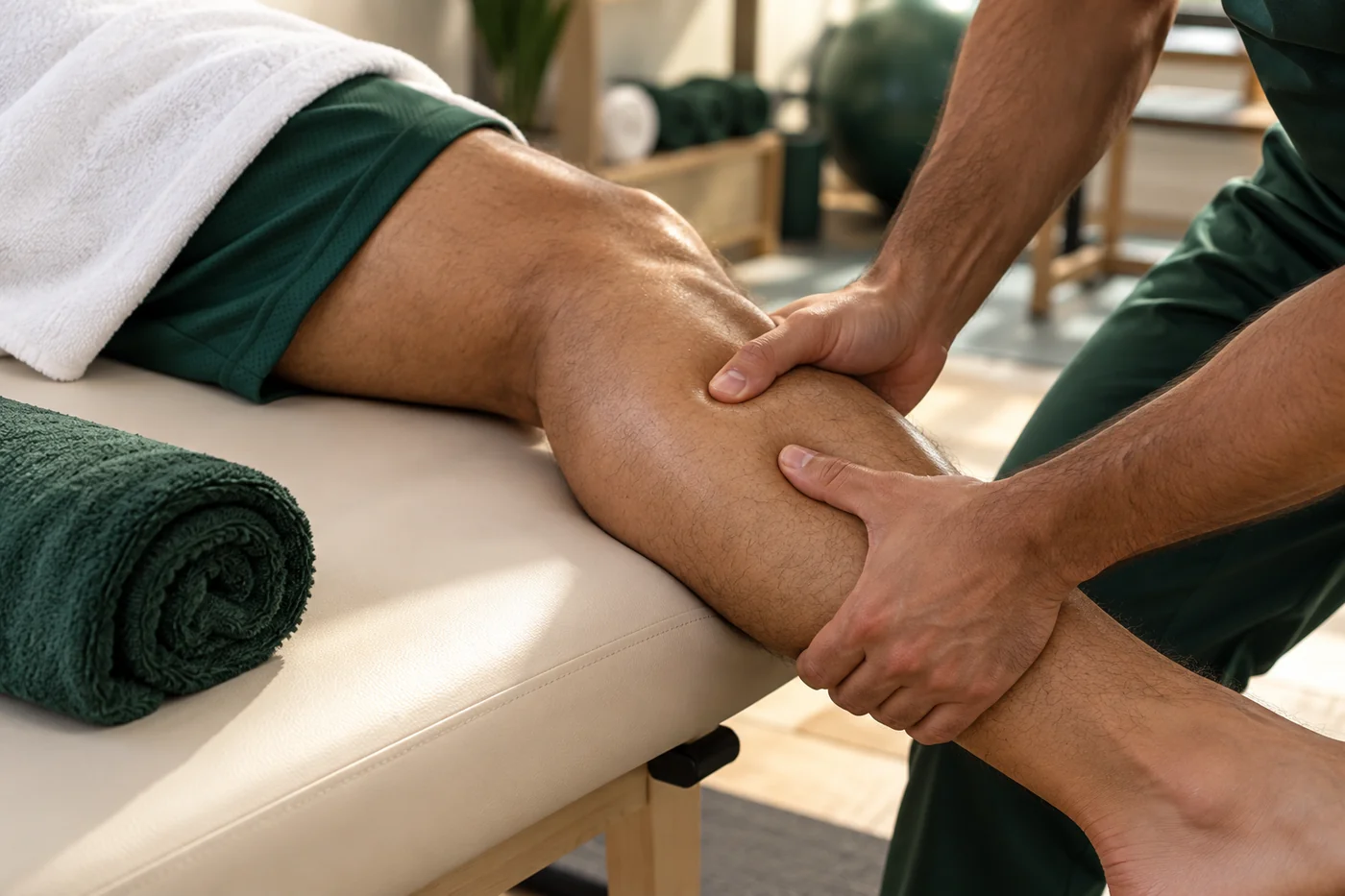 لقطة توضيحية لتدليك عضلات الساق في جلسة رياضية
